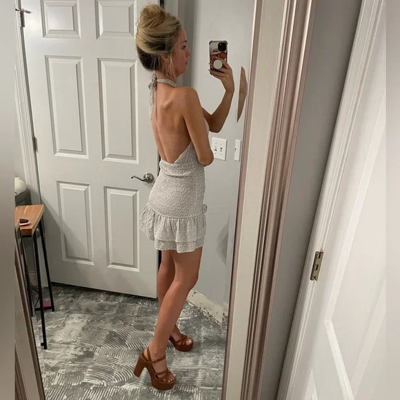 Off White Dusty Blue Floral Halter Dress